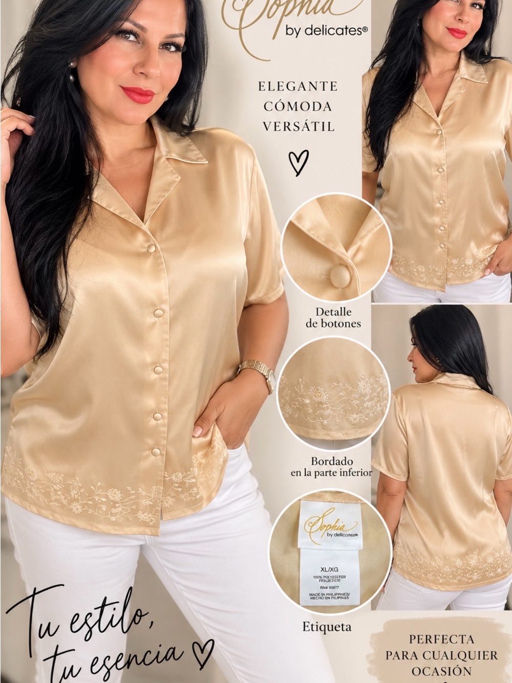 Sophia Satin Button-Front Short Sleeve Top - Gold